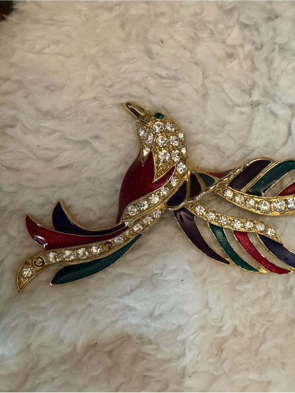 Multicolor Enamel & Crystal Bird Brooch in Gold Tone